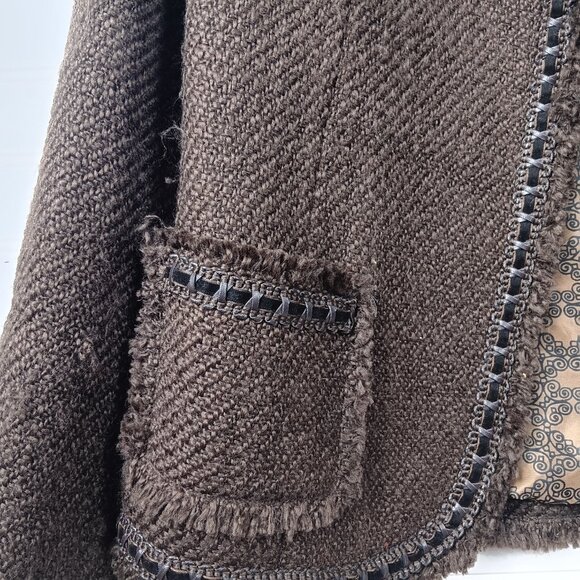 Dialogue Jacket  Tailored Black Brown Tweed Jacket Wool Fringe Trim 10 - Picture 8 of 9
